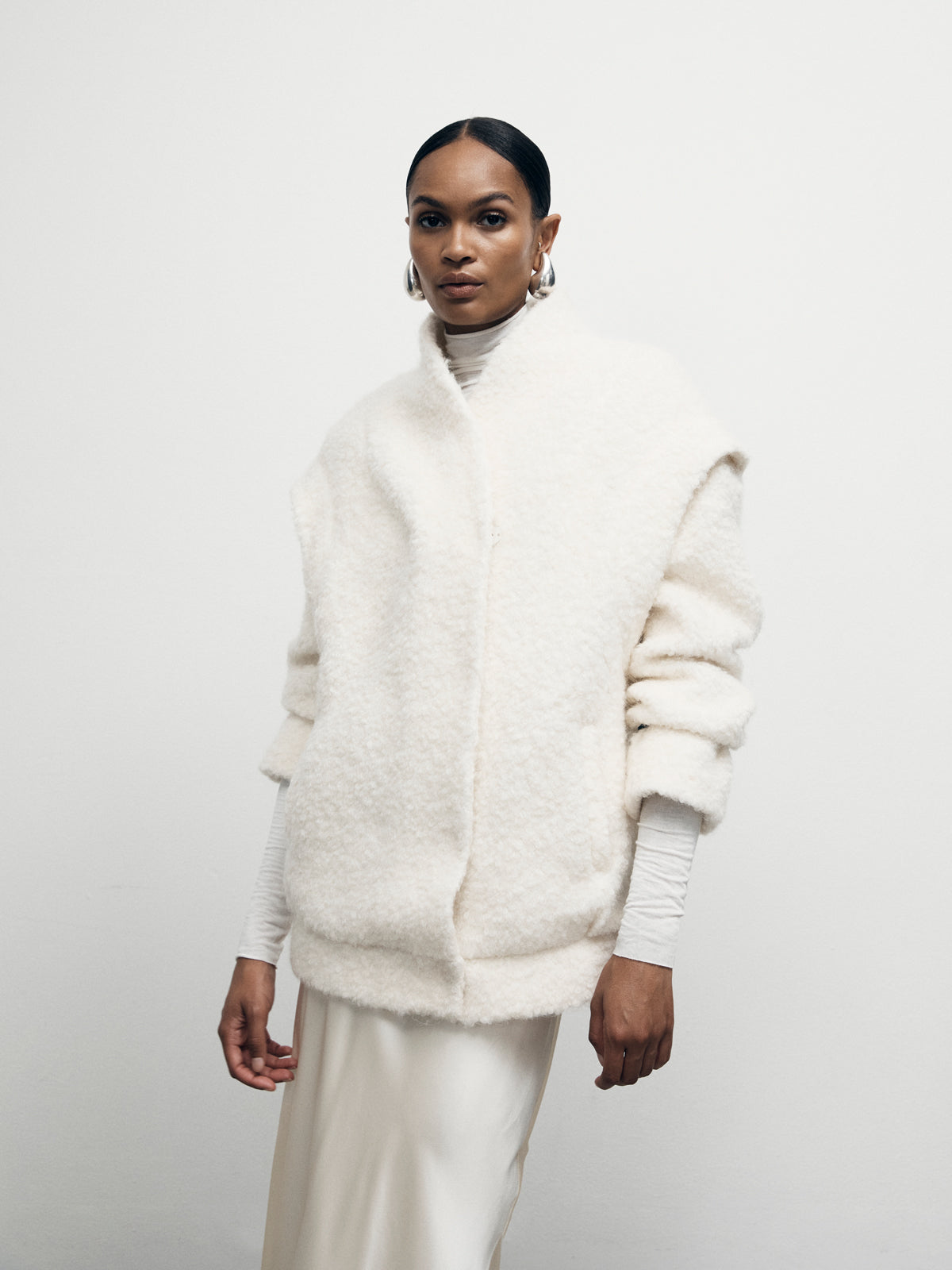 Cream Boucle Bomber Jacket