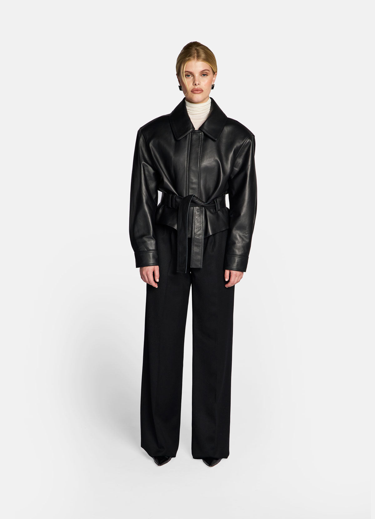 Black Leather Belted Jacket