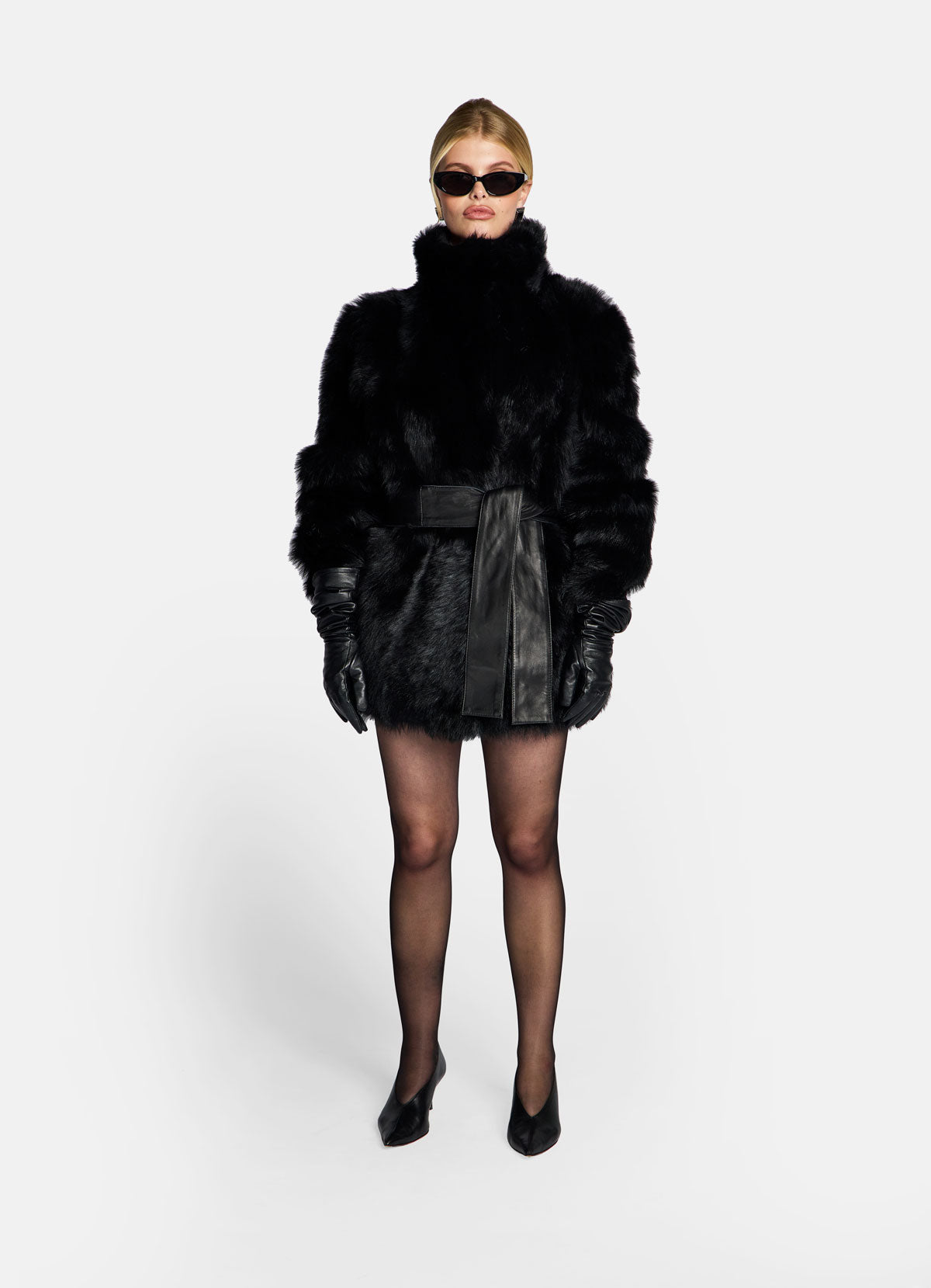 Black Shearling Belted Coat