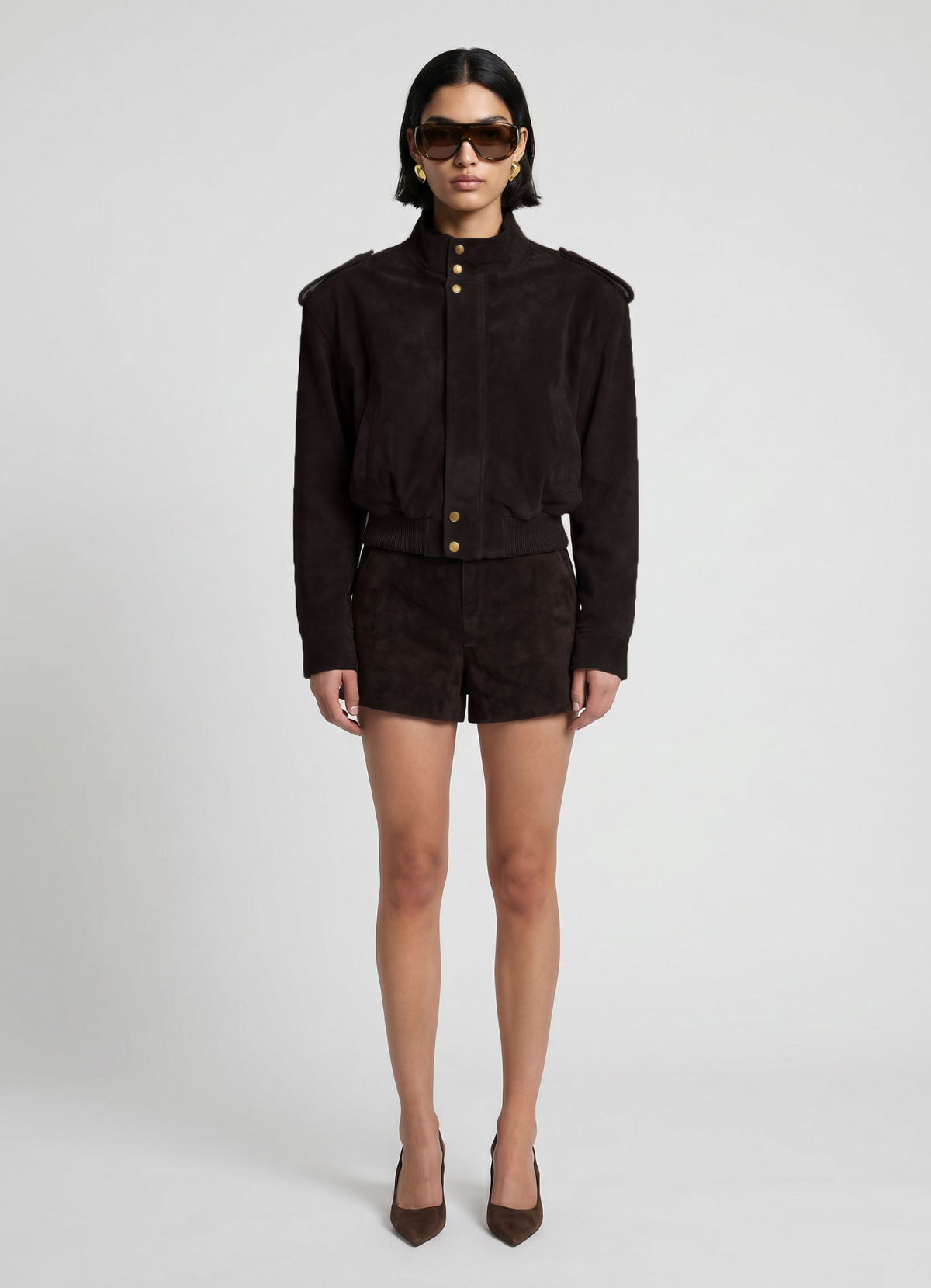 Espresso Suede Cropped Bomber Jacket – de Savary International