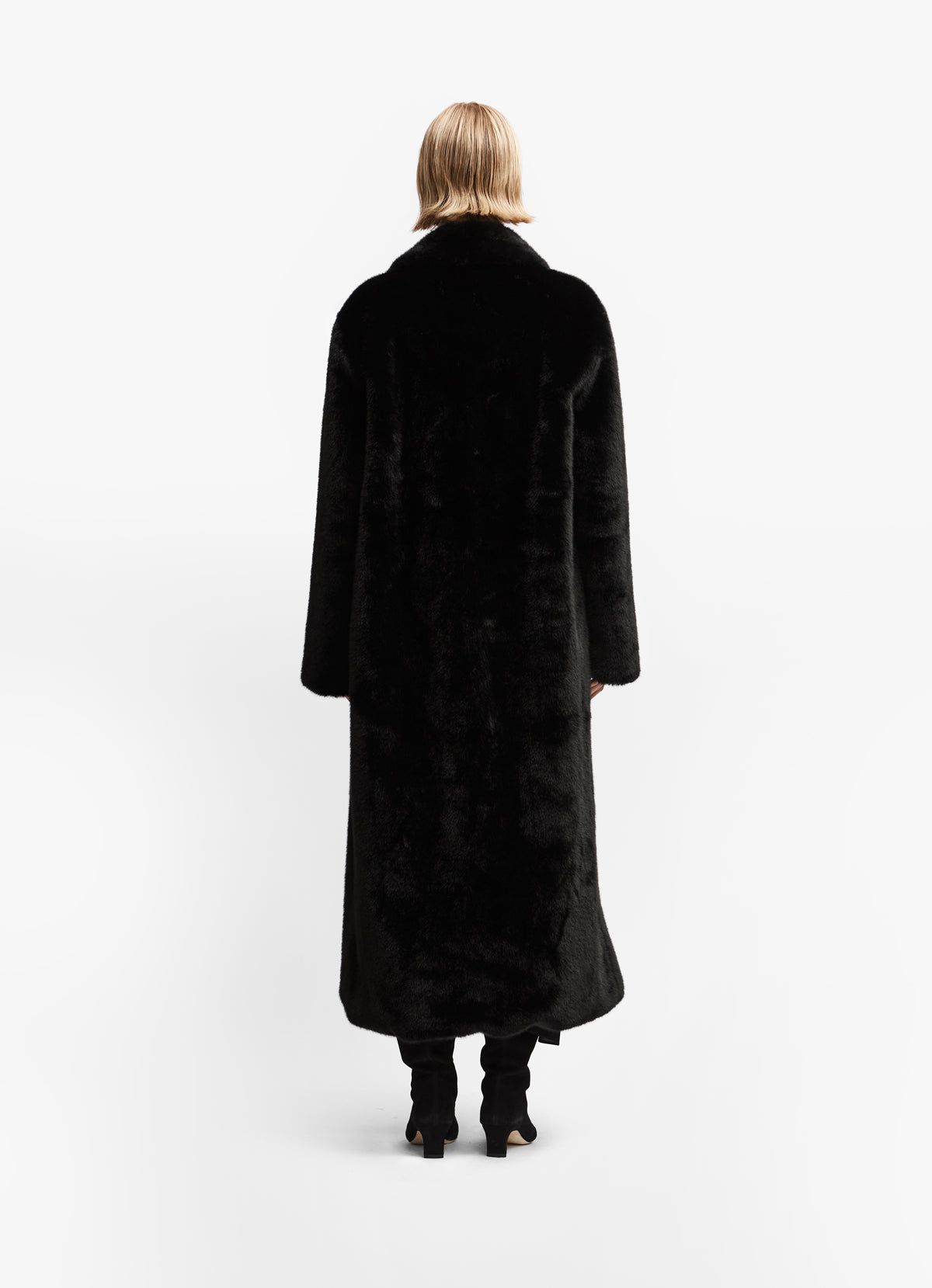 Back view of black faux fur coat, tall version.