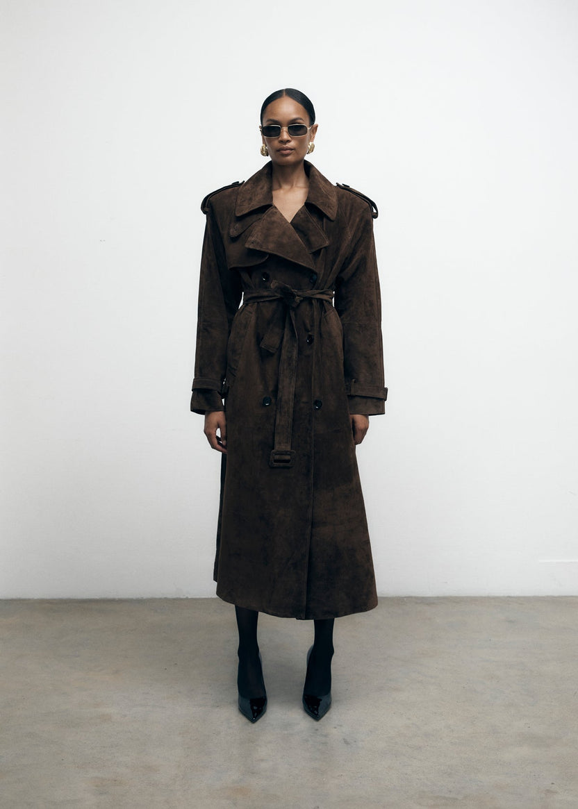 View of Brown Suede Trench Coat - de Savary London