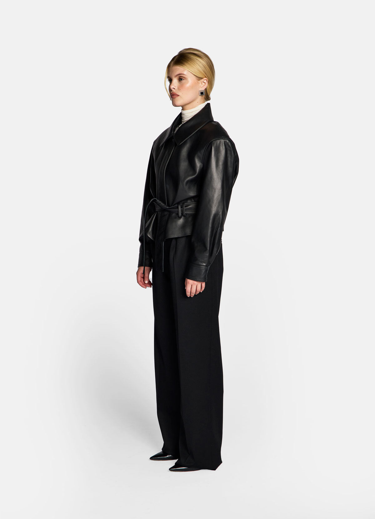 Black Leather Belted Jacket