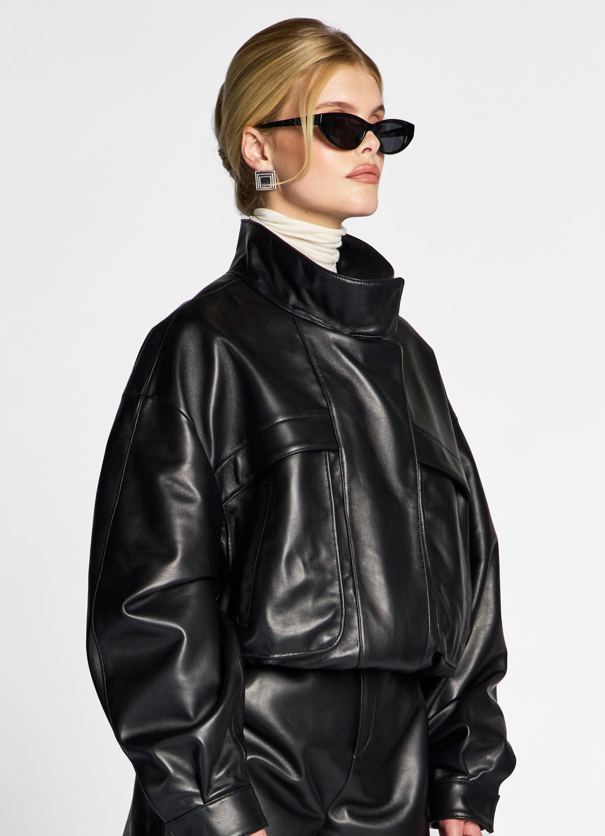 Black Cropped Leather Bomber Jacket