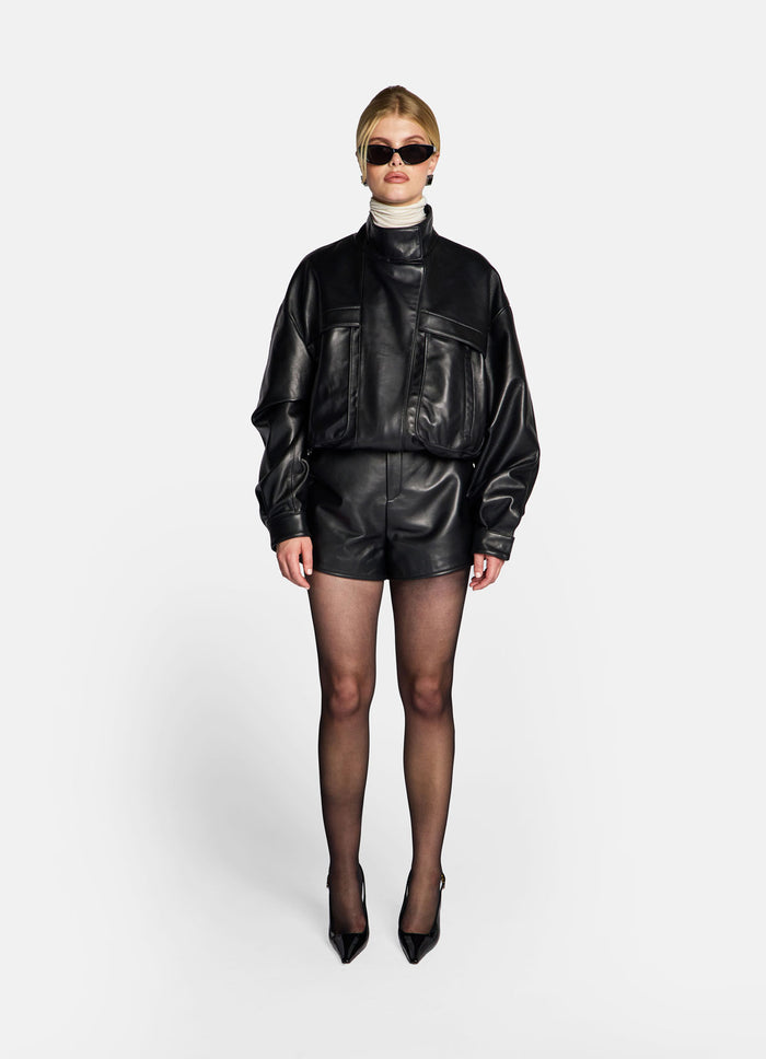 Black Cropped Leather Bomber Jacket