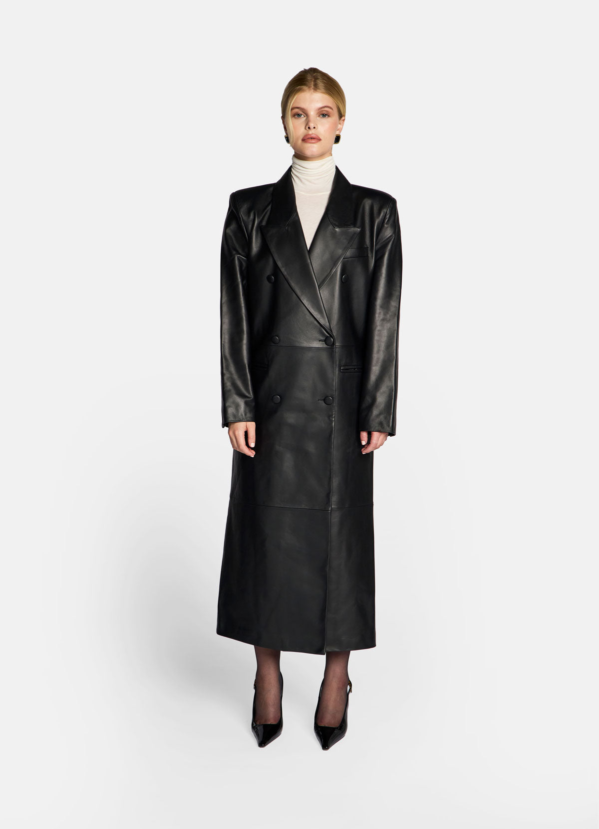 ワコマリア　LEATHER DOUBLE BREASTED COAT Black Leather Trench Coat – de Savary International