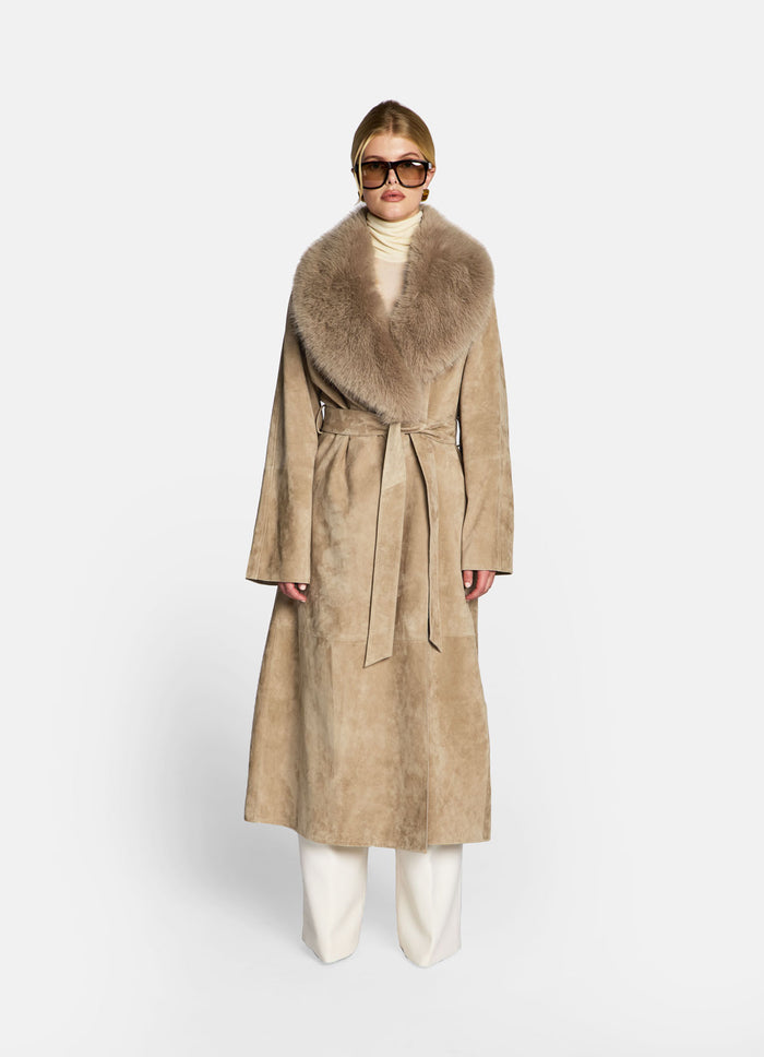 Sand Suede Wrap Coat With Faux Fur Trim