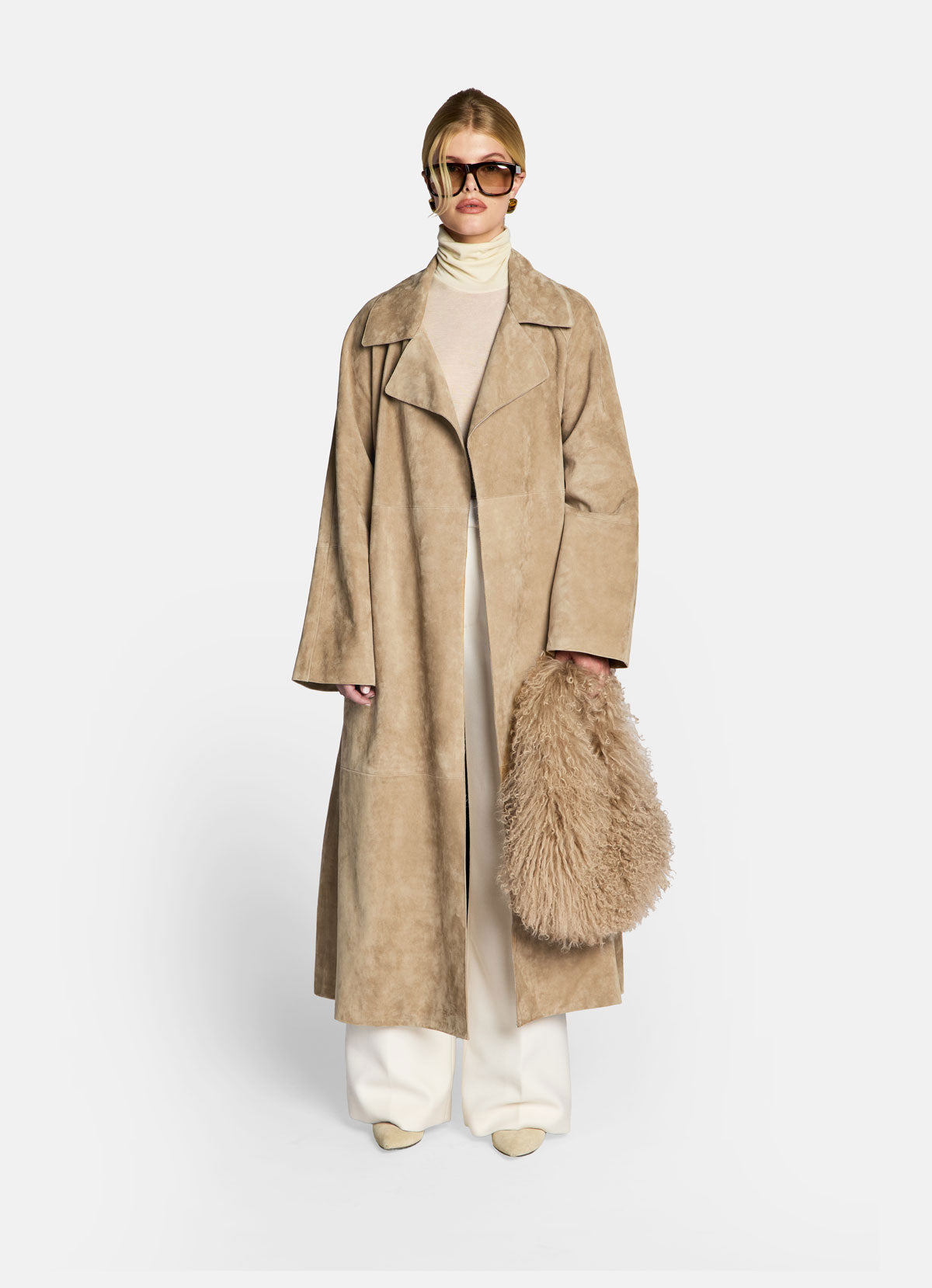 Sand Suede Wrap Coat With Faux Fur Trim