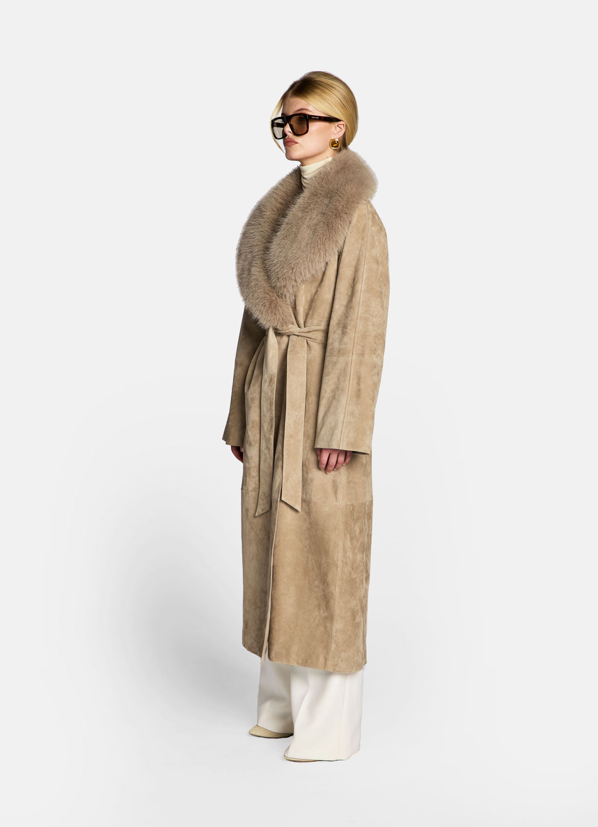 Sand Suede Wrap Coat With Faux Fur Trim