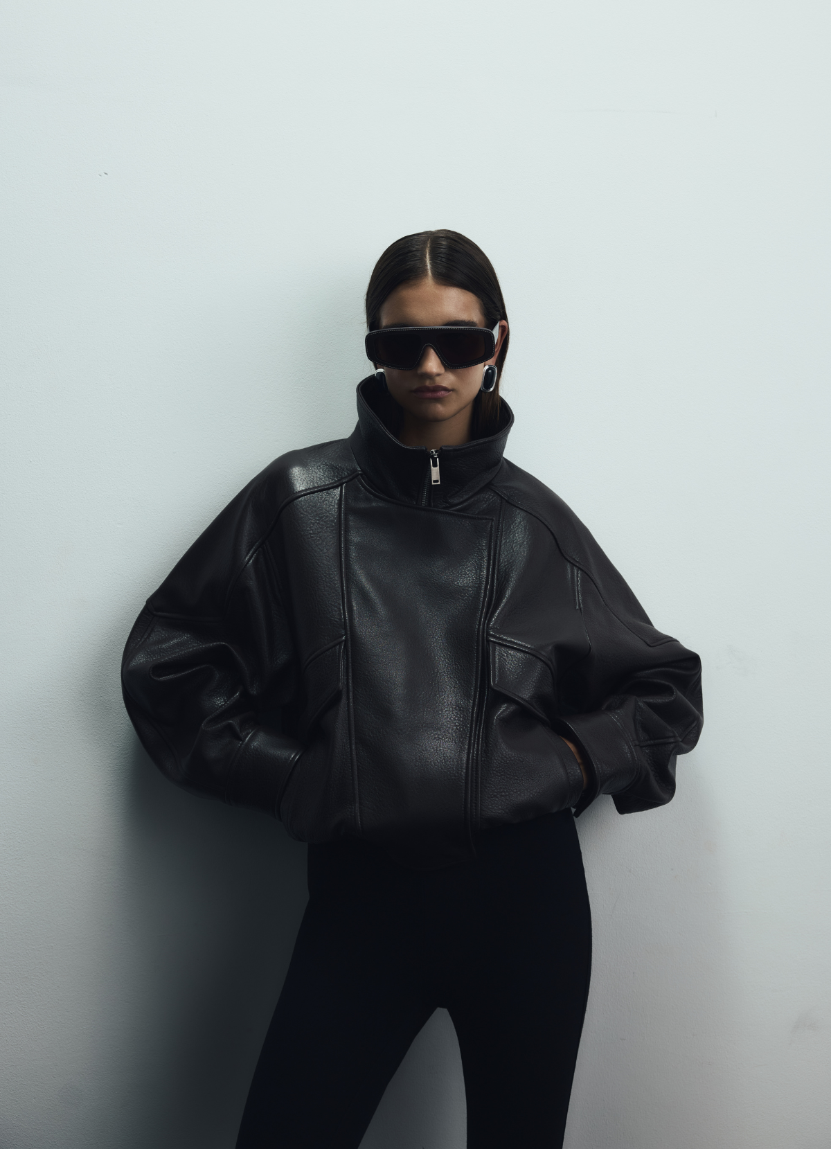 Black Vintage Leather Relaxed Bomber Jacket