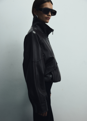 Black Vintage Leather Relaxed Bomber Jacket
