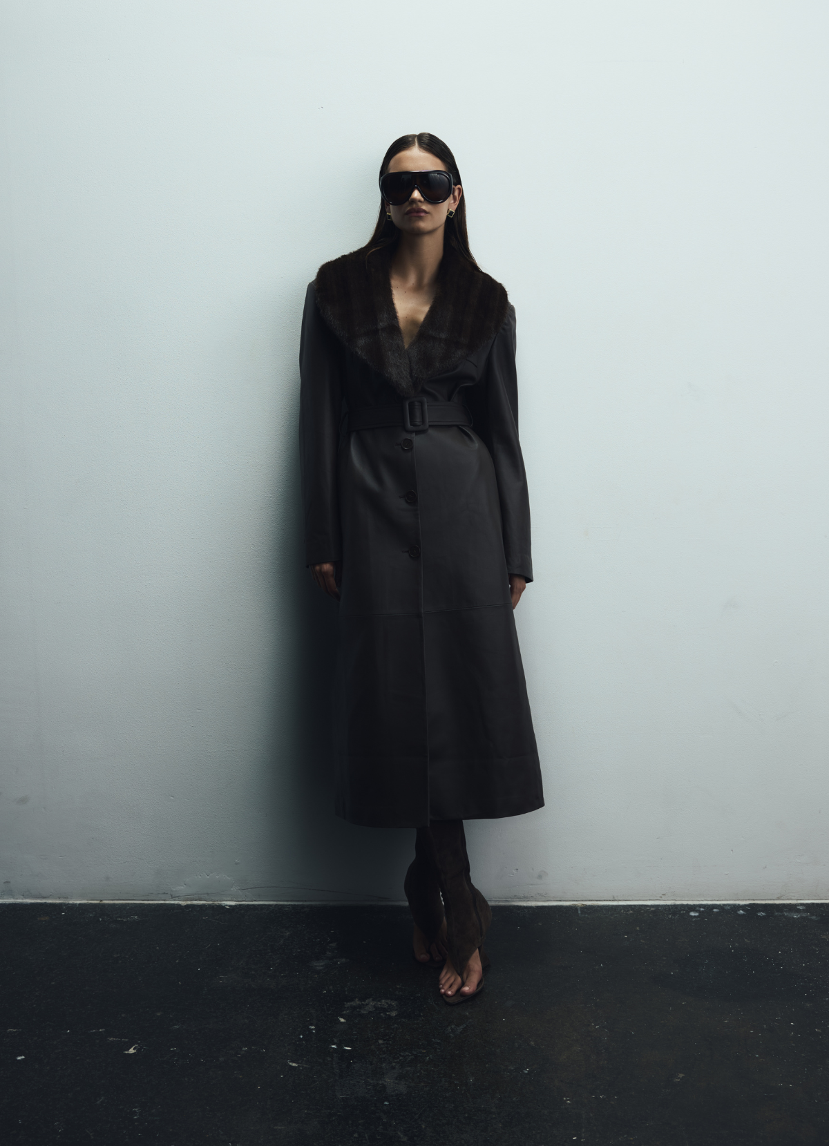 Brown Leather Faux Fur Trim Trench Coat