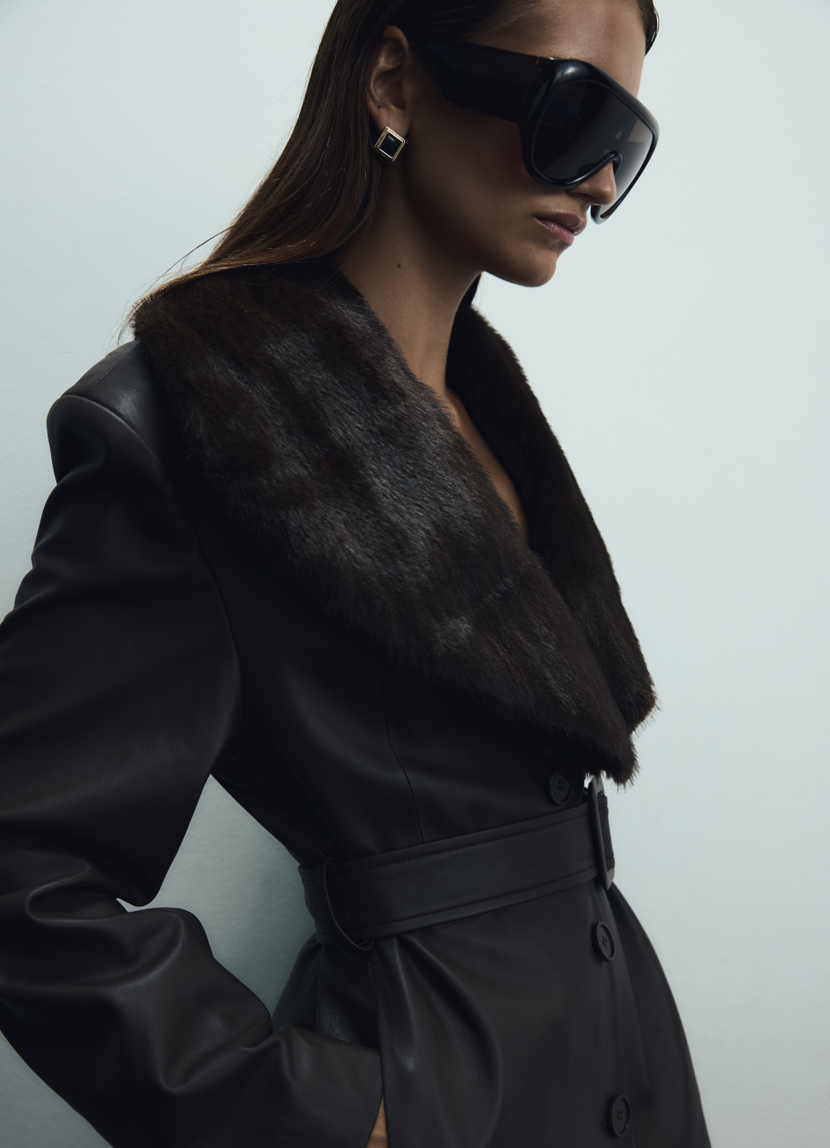 Brown Leather Faux Fur Trim Trench Coat