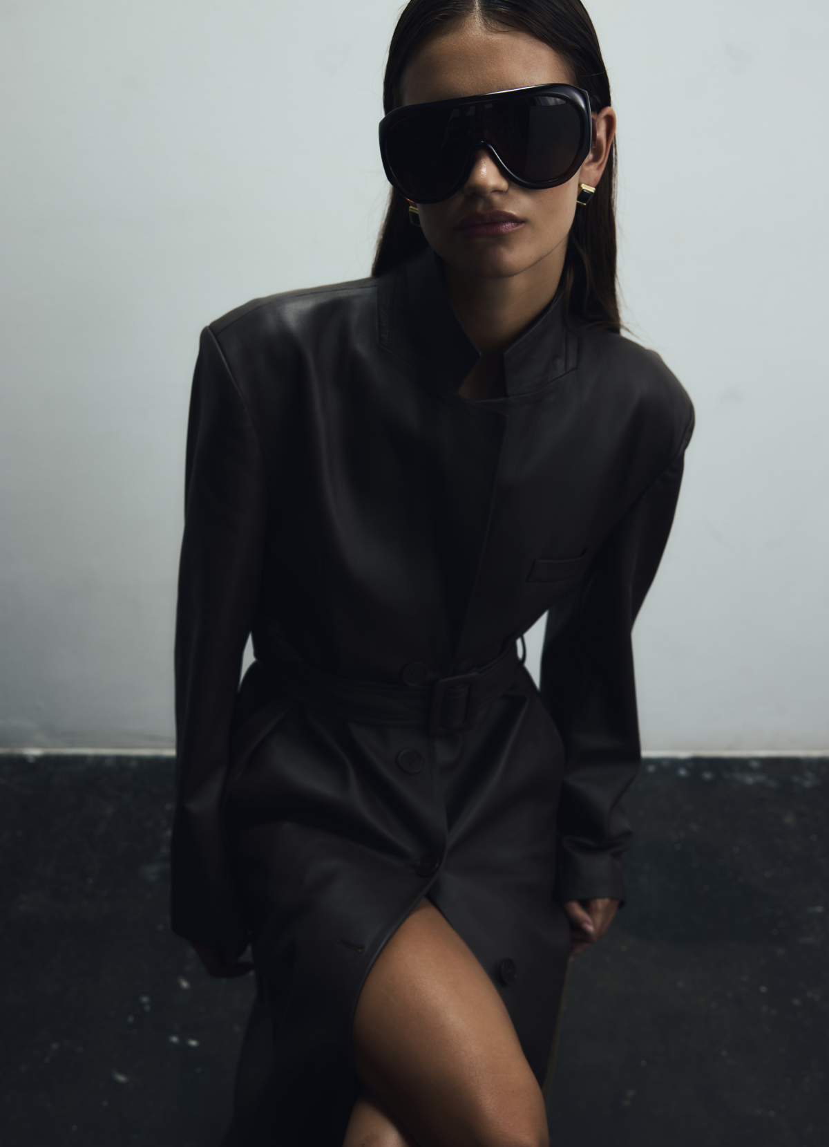 Brown Leather Faux Fur Trim Trench Coat