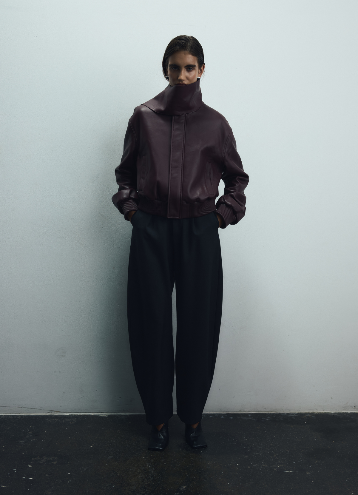 Burgundy Leather Scarf Bomber Jacket