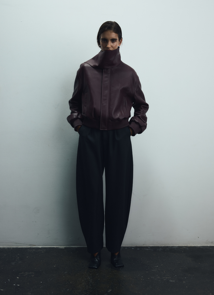 Burgundy Leather Scarf Bomber Jacket
