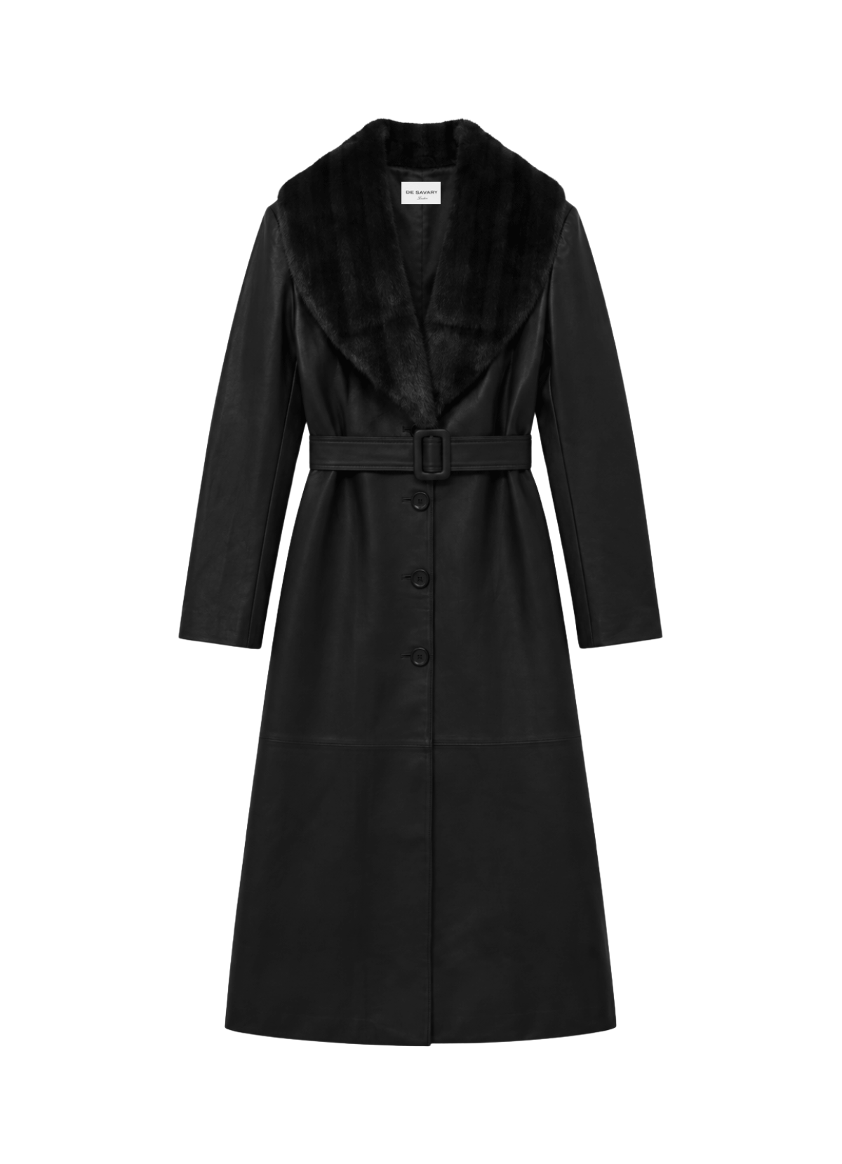 Black Leather Faux Fur Trim Trench Coat