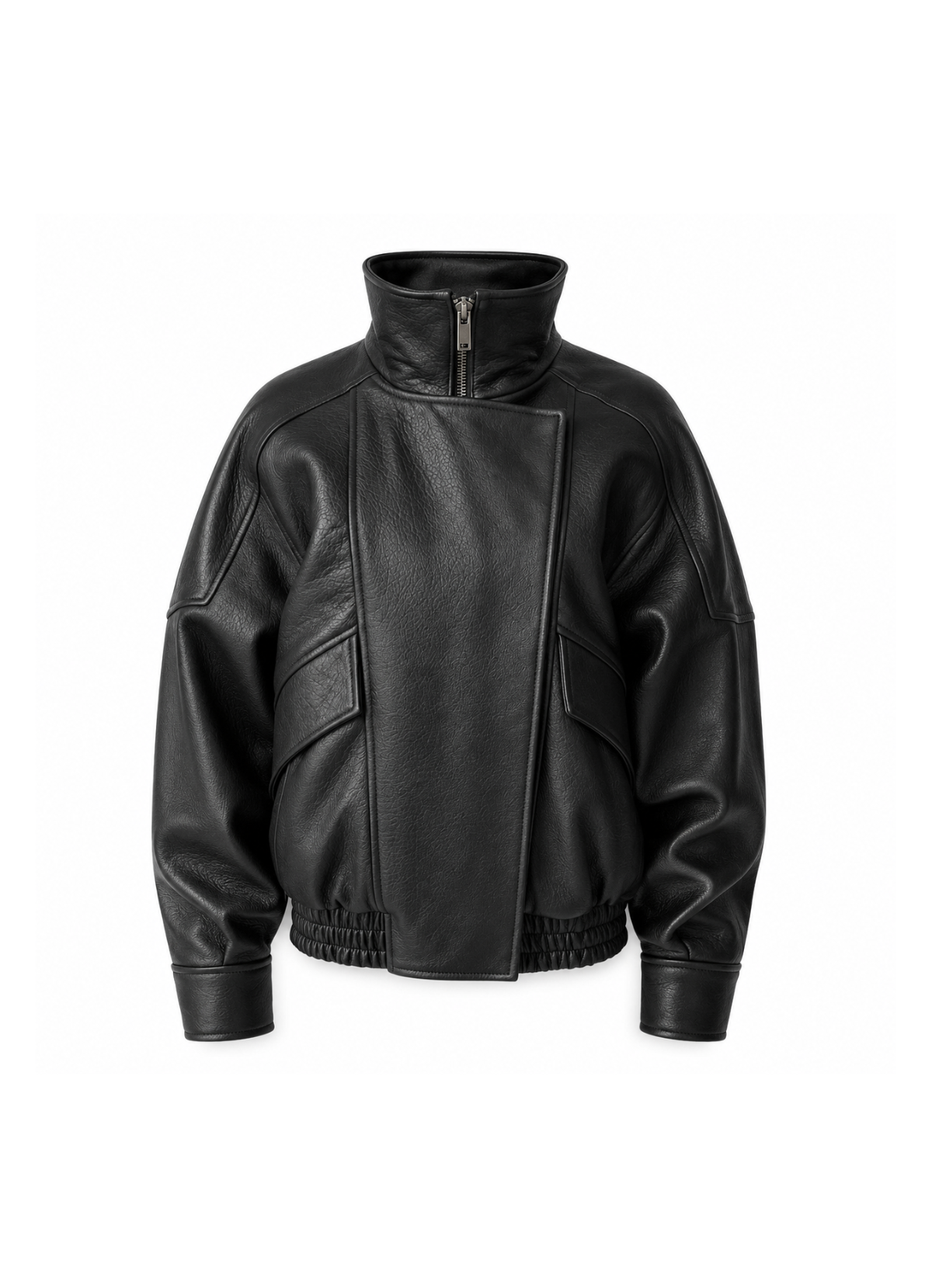 Black Vintage Leather Relaxed Bomber Jacket