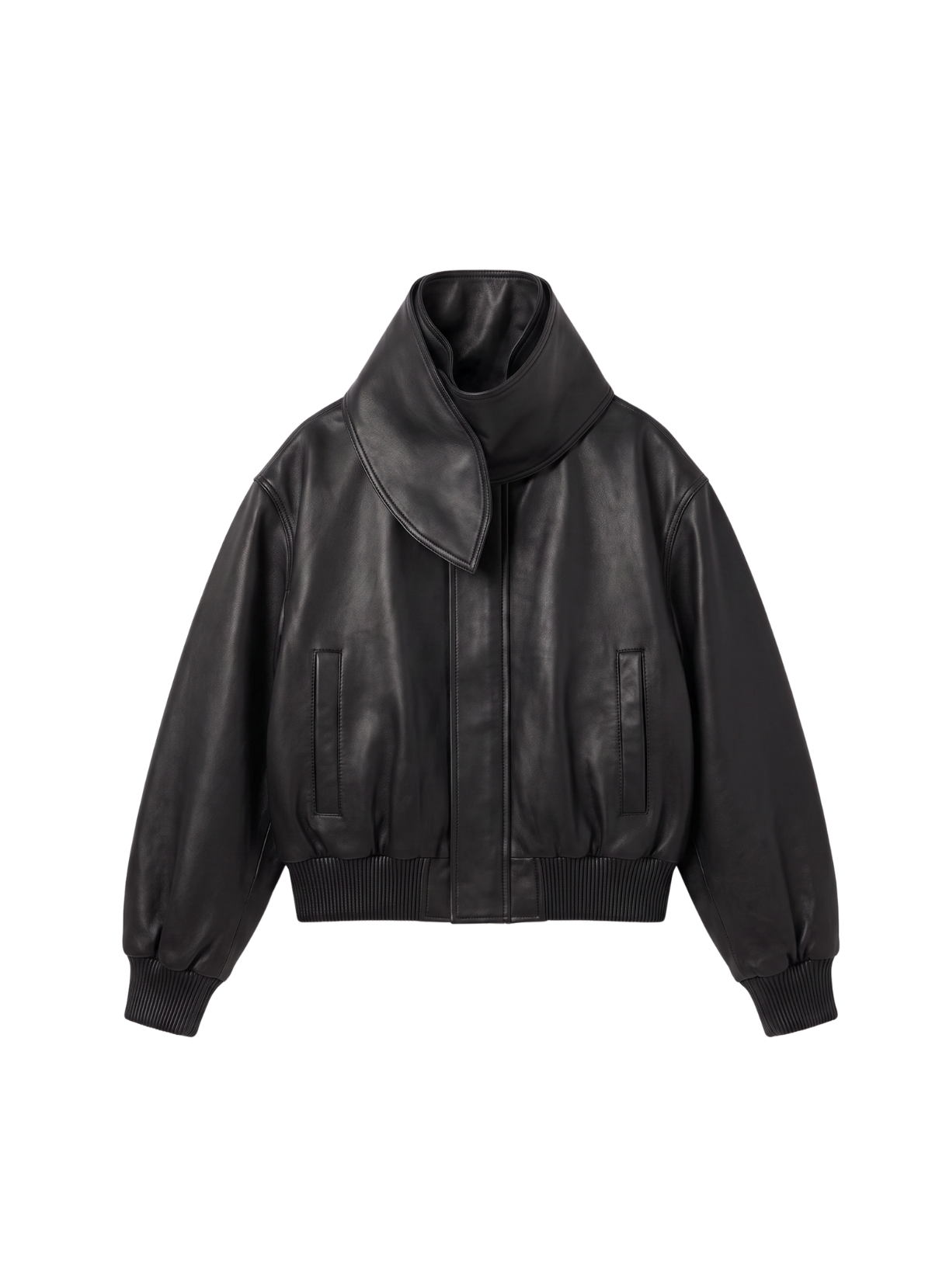 Black Leather Scarf Bomber Jacket