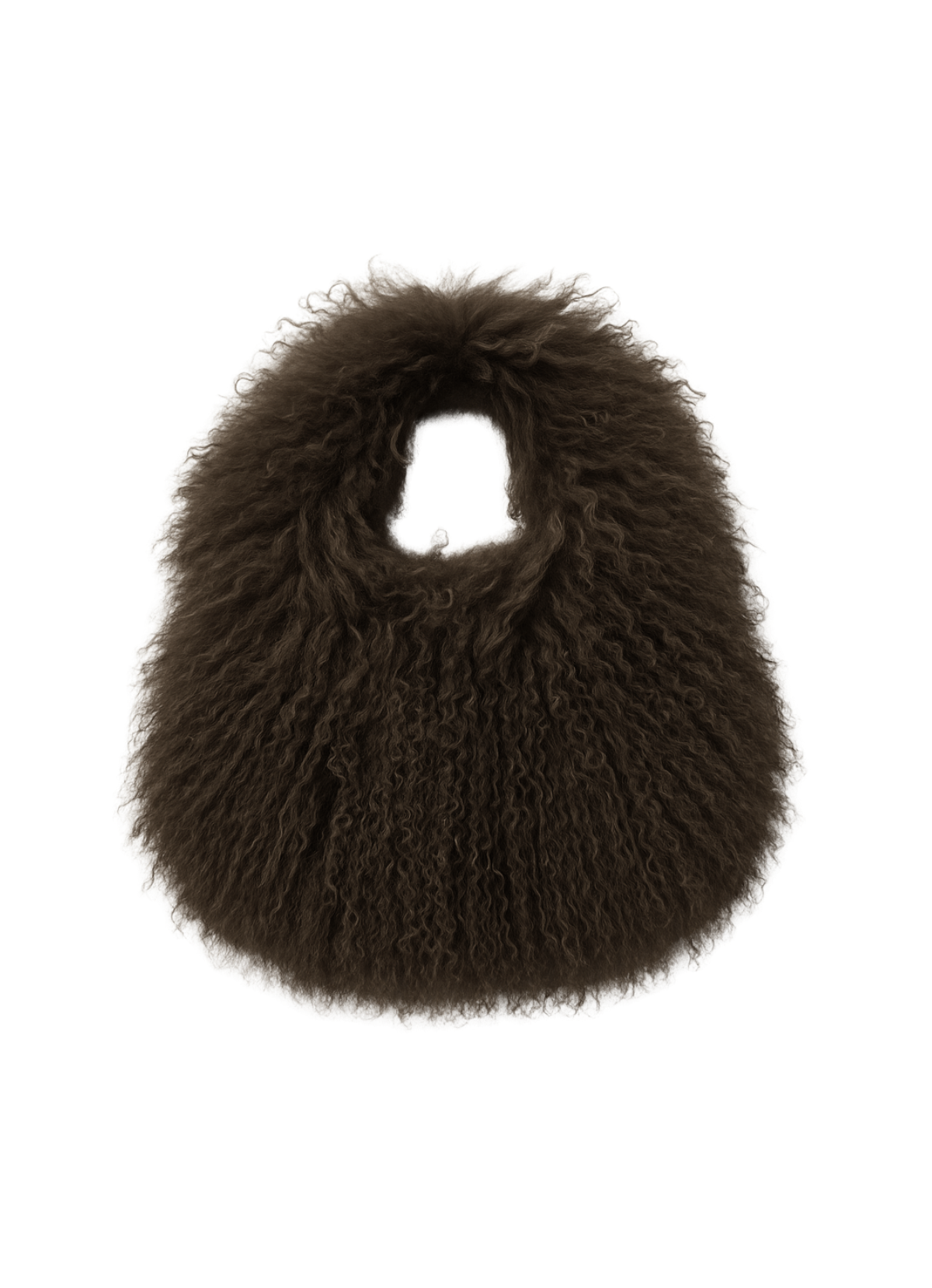 Product image of mongolian bag in chocolate brown on white backdrop.