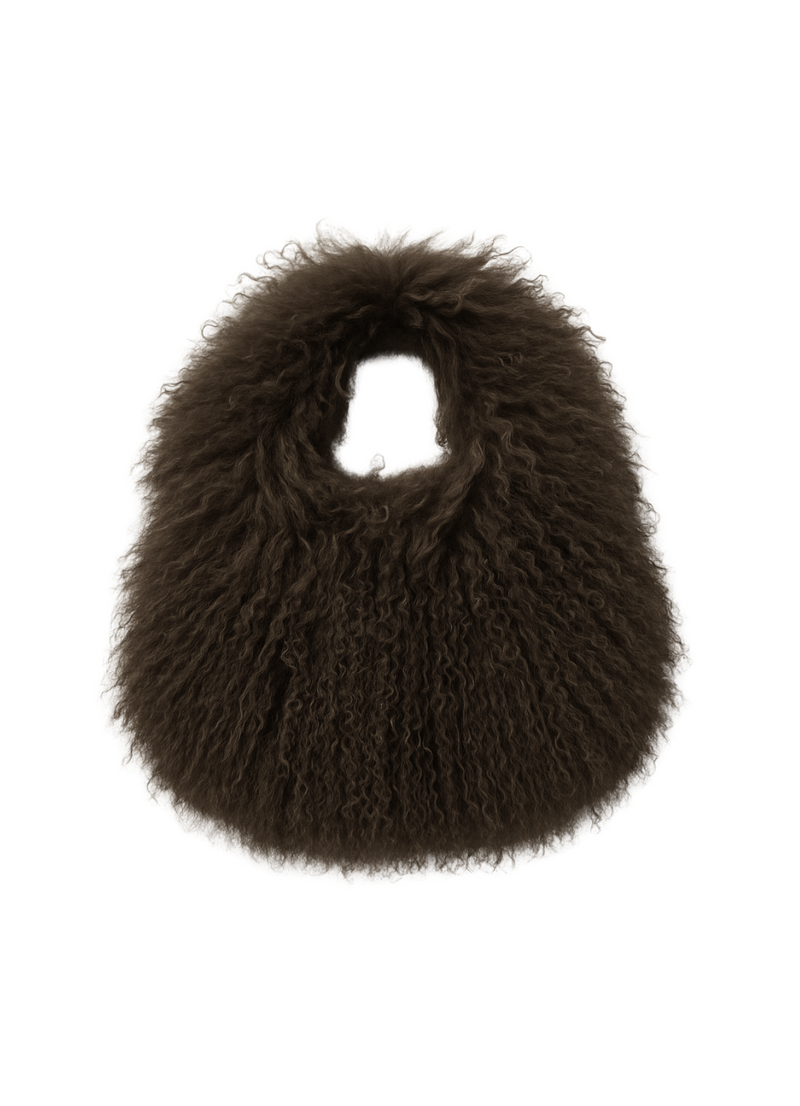 Product image of mongolian bag in chocolate brown on white backdrop.
