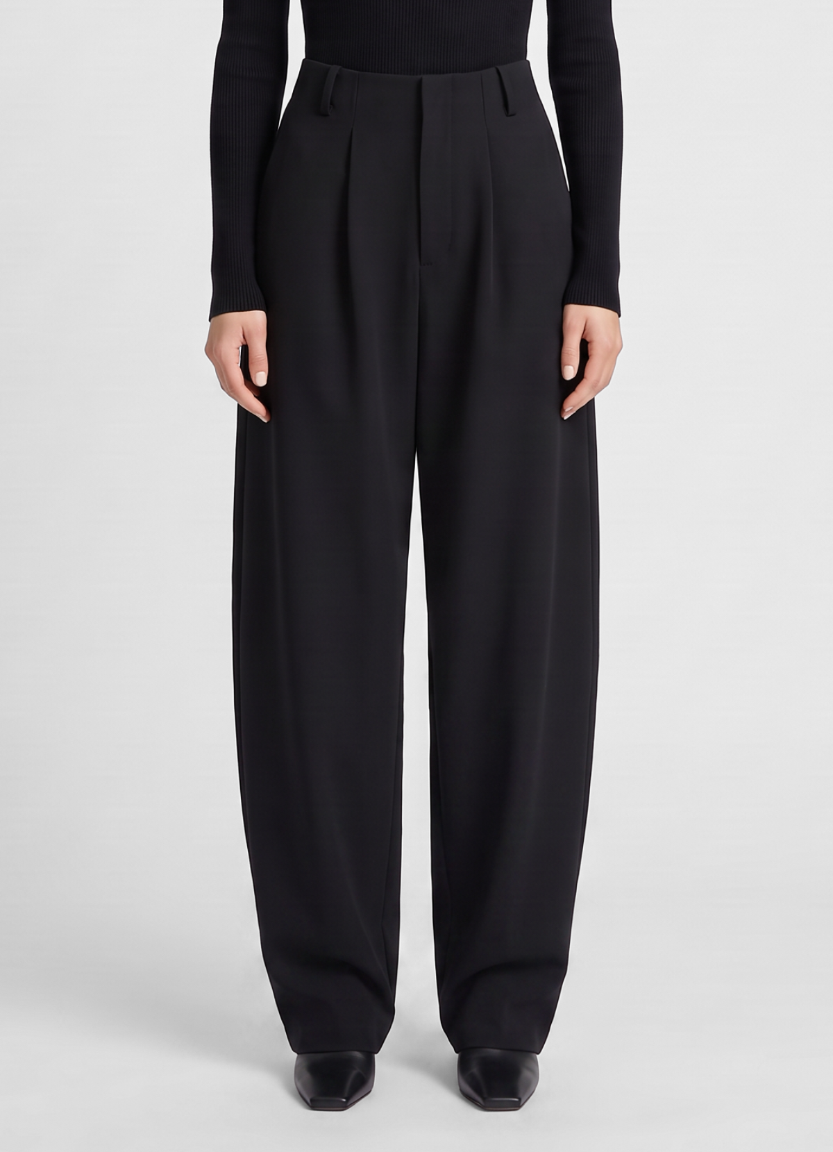 Black Wool Barrel Leg Trousers