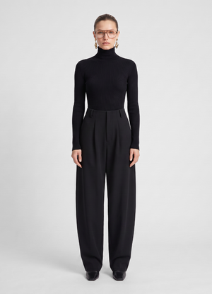 Black Wool Barrel Leg Trousers