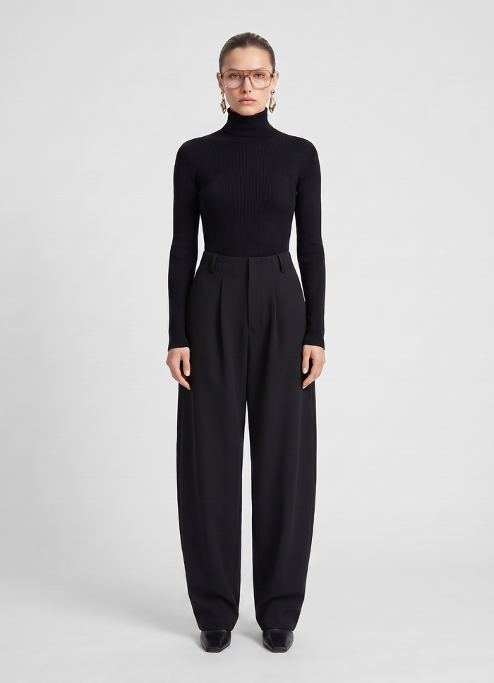 Black Wool Barrel Leg Trousers