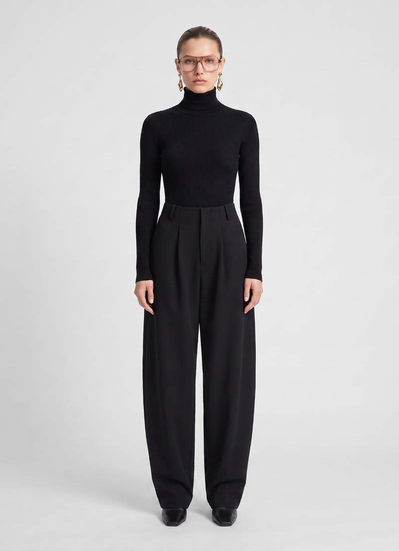 Black Wool Barrel Leg Trousers