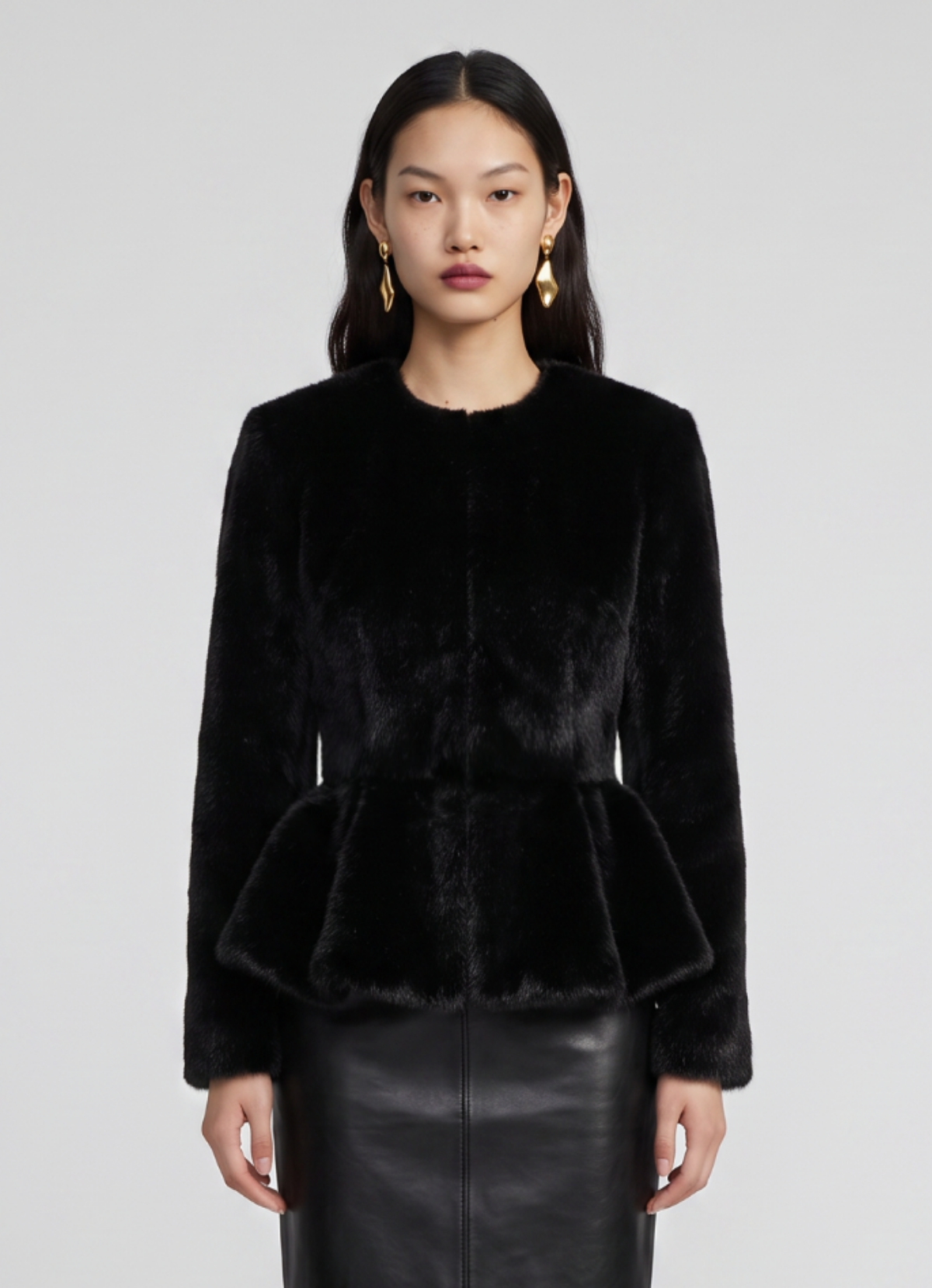Black Faux Pony Hair Peplum Jacket