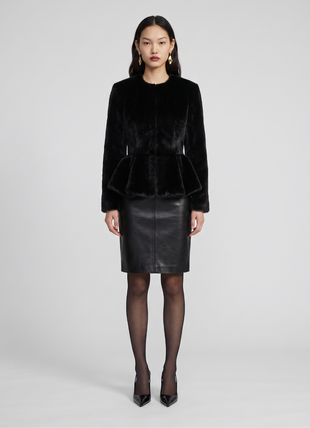 Black Faux Pony Hair Peplum Jacket