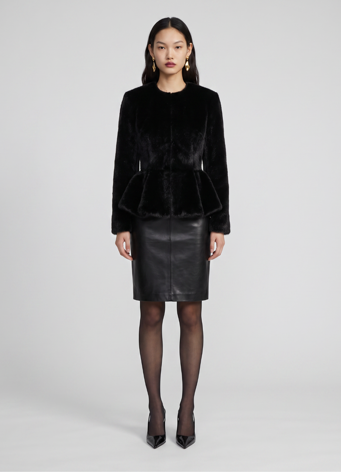 Black Faux Pony Hair Peplum Jacket