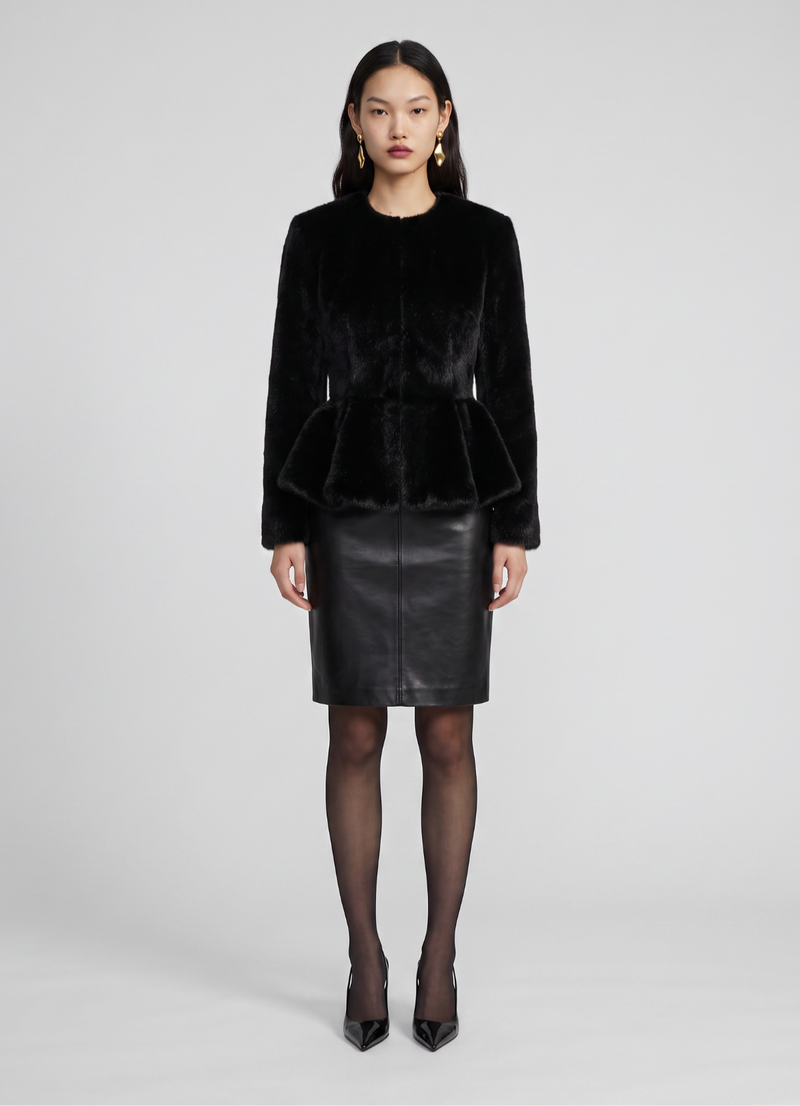 Black Faux Pony Hair Peplum Jacket