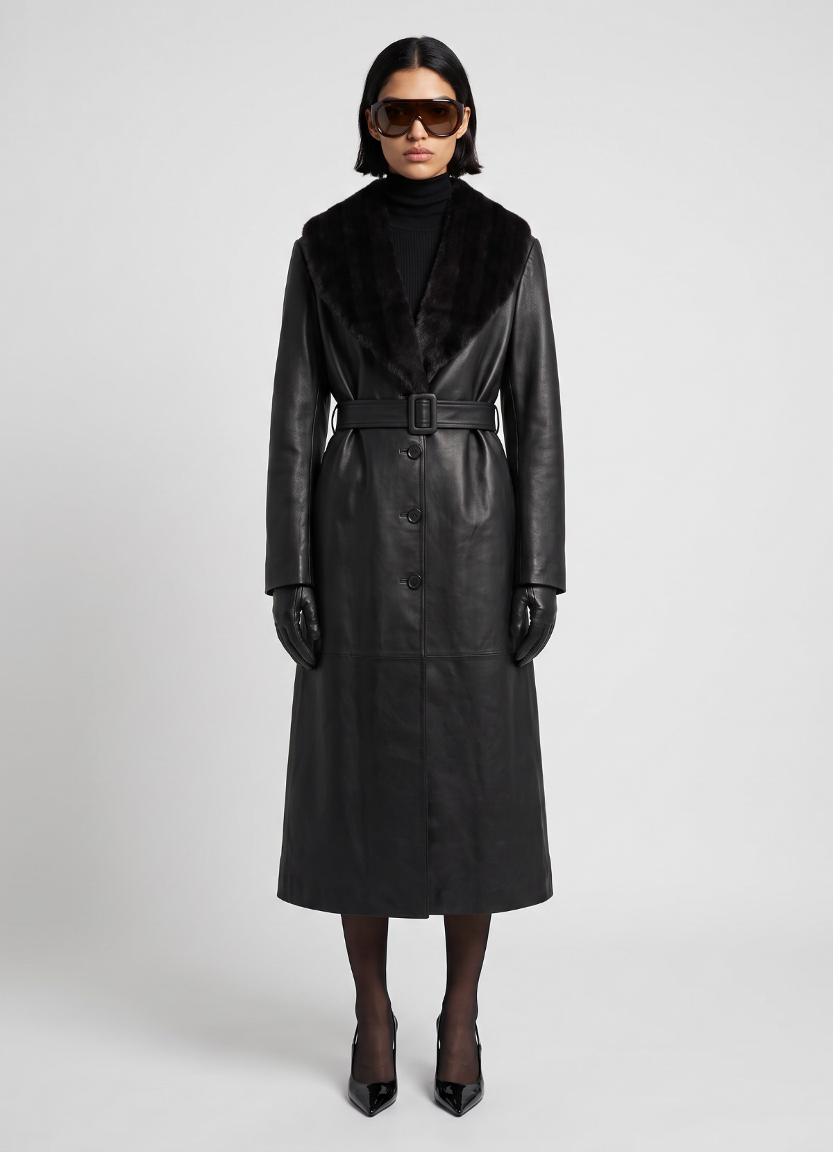 Black Leather Faux Fur Trim Trench Coat