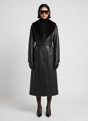 Black Leather Faux Fur Trim Trench Coat