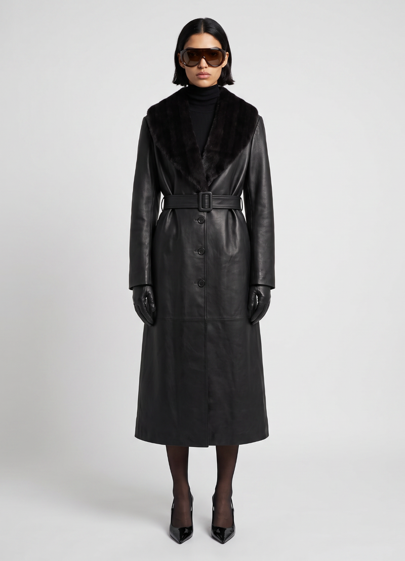 Black Leather Faux Fur Trim Trench Coat