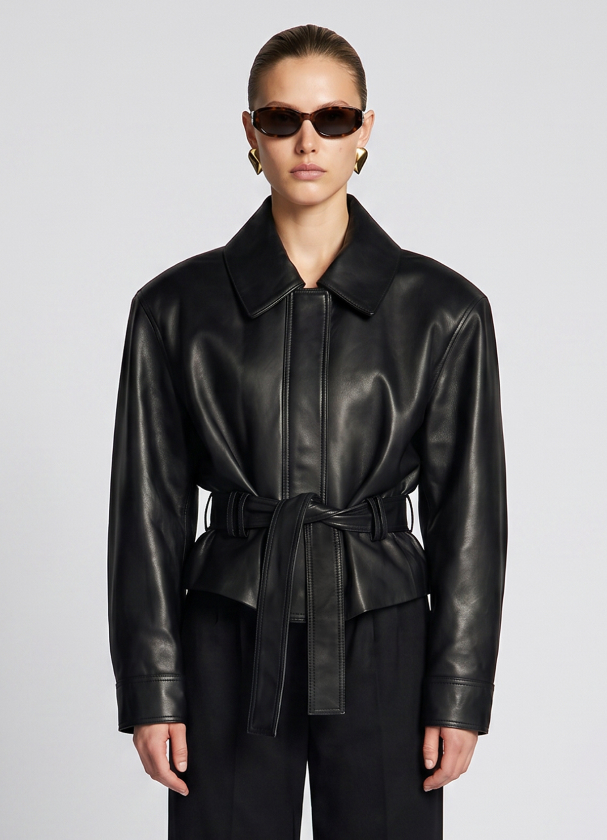 Black Leather Belted Jacket