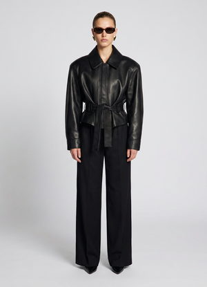 Black Leather Belted Jacket