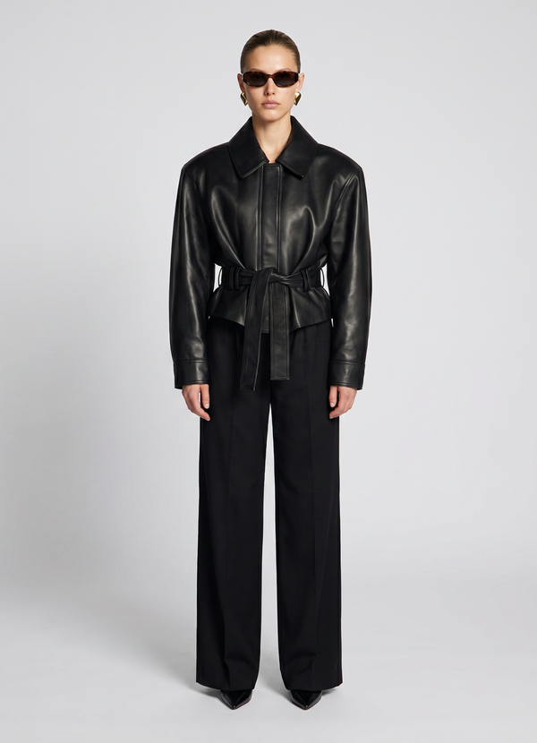 Black Leather Belted Jacket