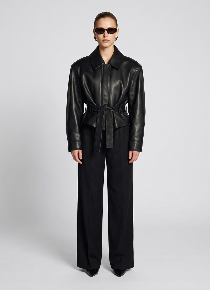 Black Leather Belted Jacket