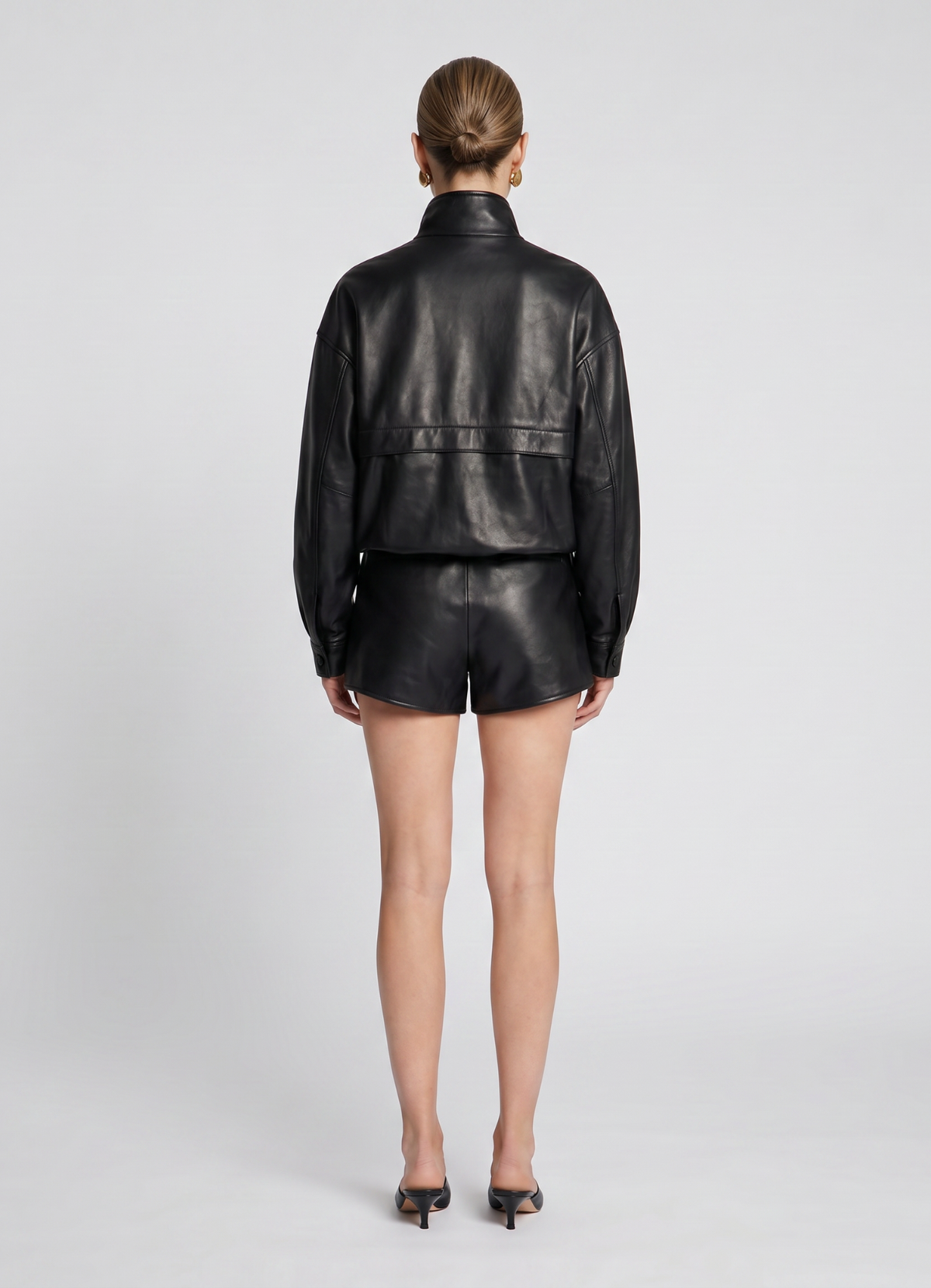 Black Cropped Leather Bomber Jacket