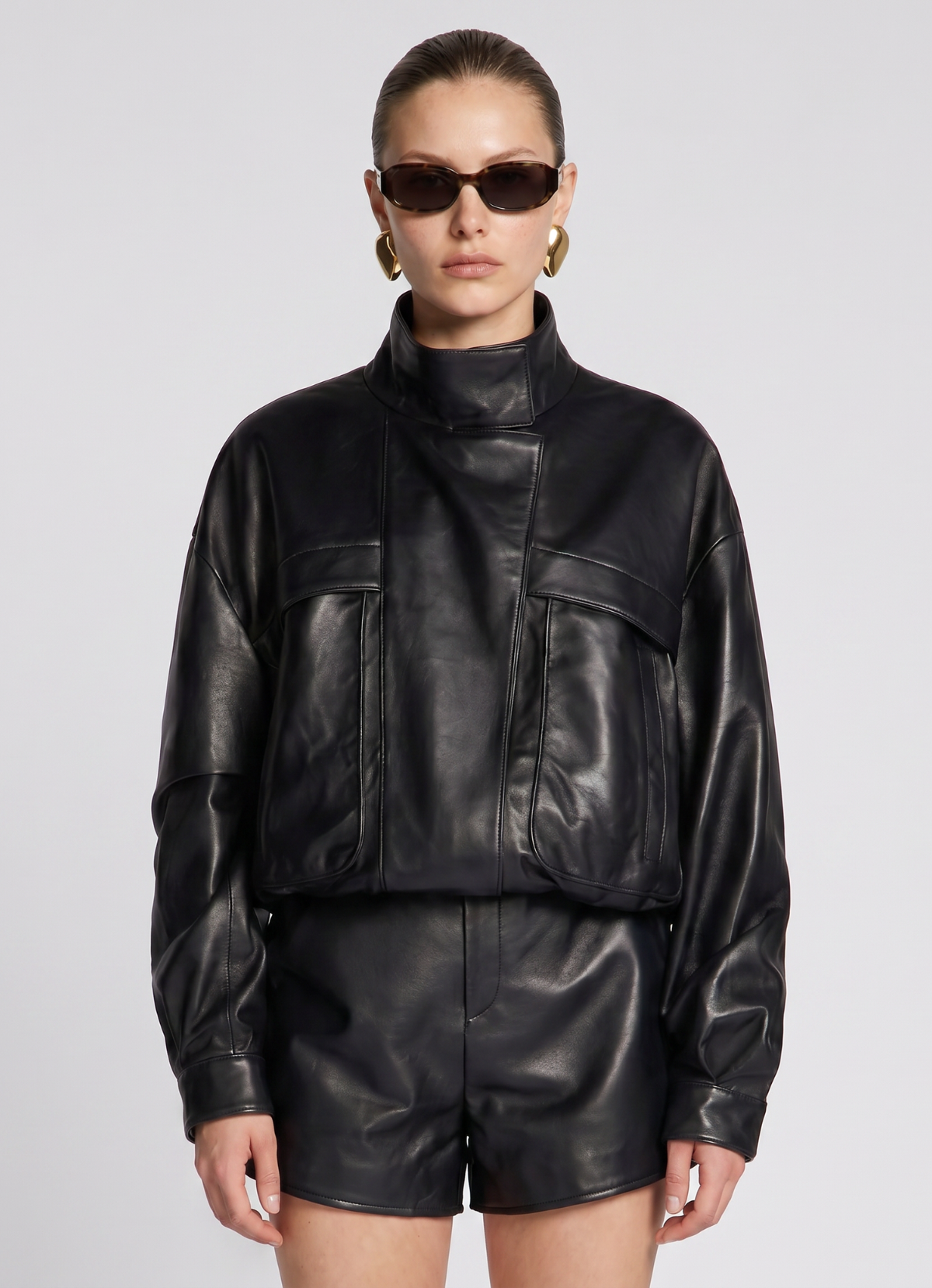 Black Cropped Leather Bomber Jacket