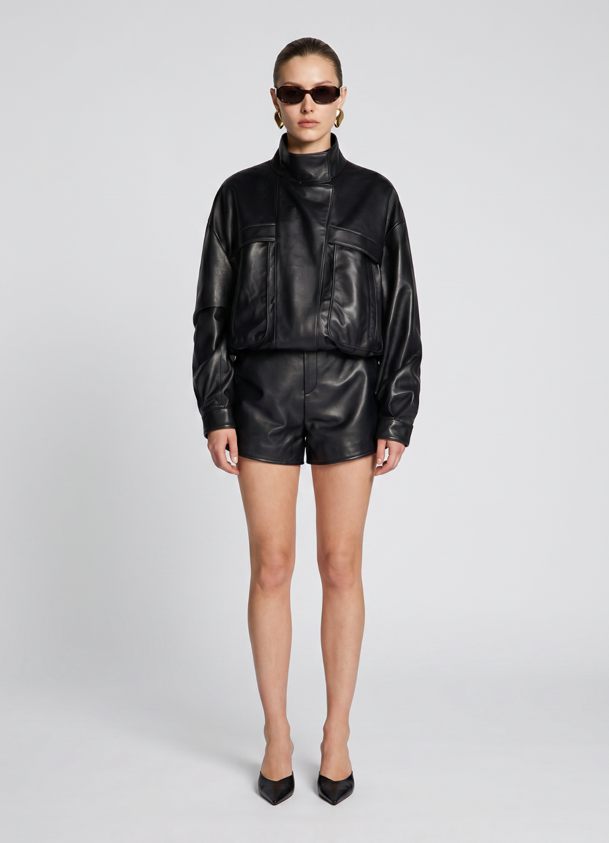 Black Cropped Leather Bomber Jacket