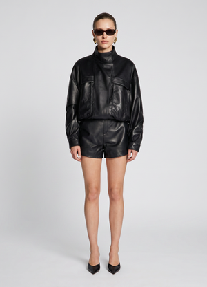 Black Cropped Leather Bomber Jacket