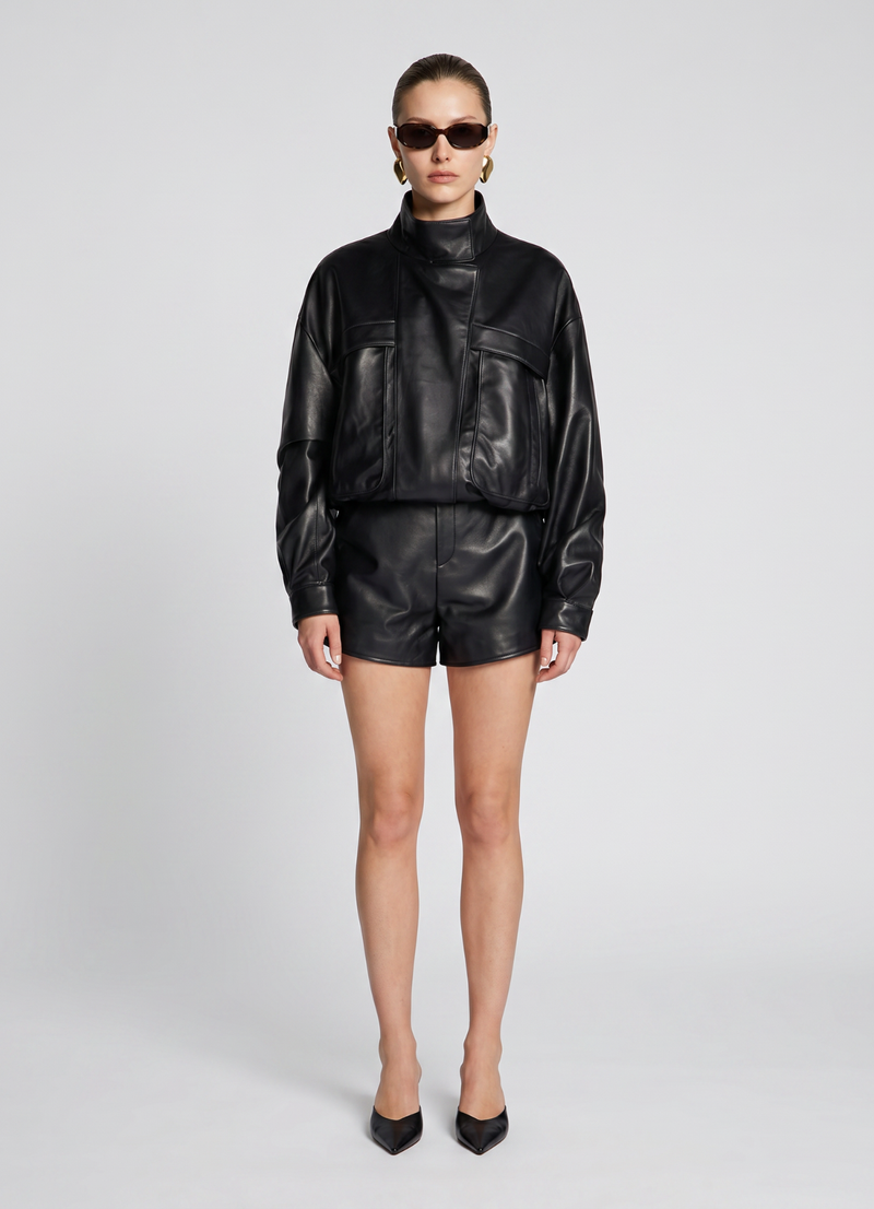 Black Cropped Leather Bomber Jacket