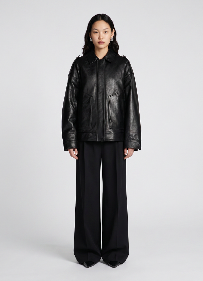 Black Vintage Leather Bomber Jacket