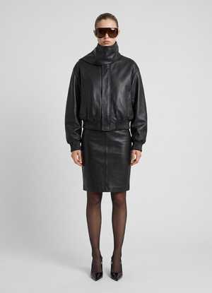 Black Leather Scarf Bomber Jacket