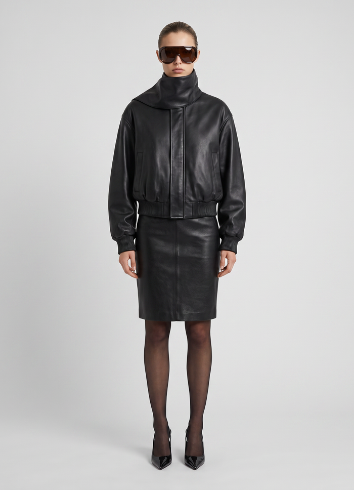 Black Leather Scarf Bomber Jacket