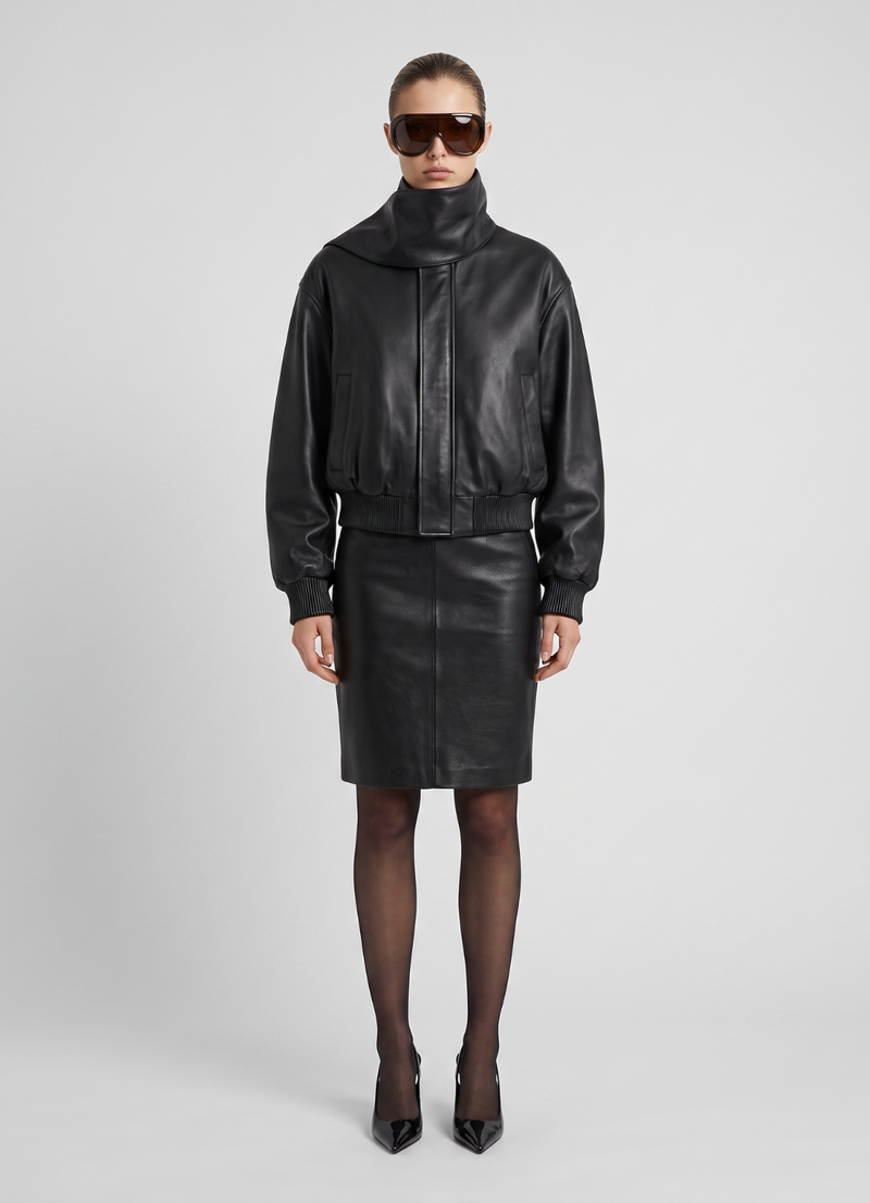 Black Leather Scarf Bomber Jacket
