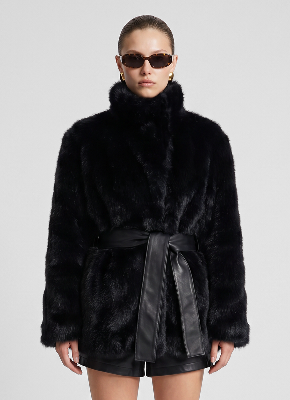 Black Shearling Belted Coat